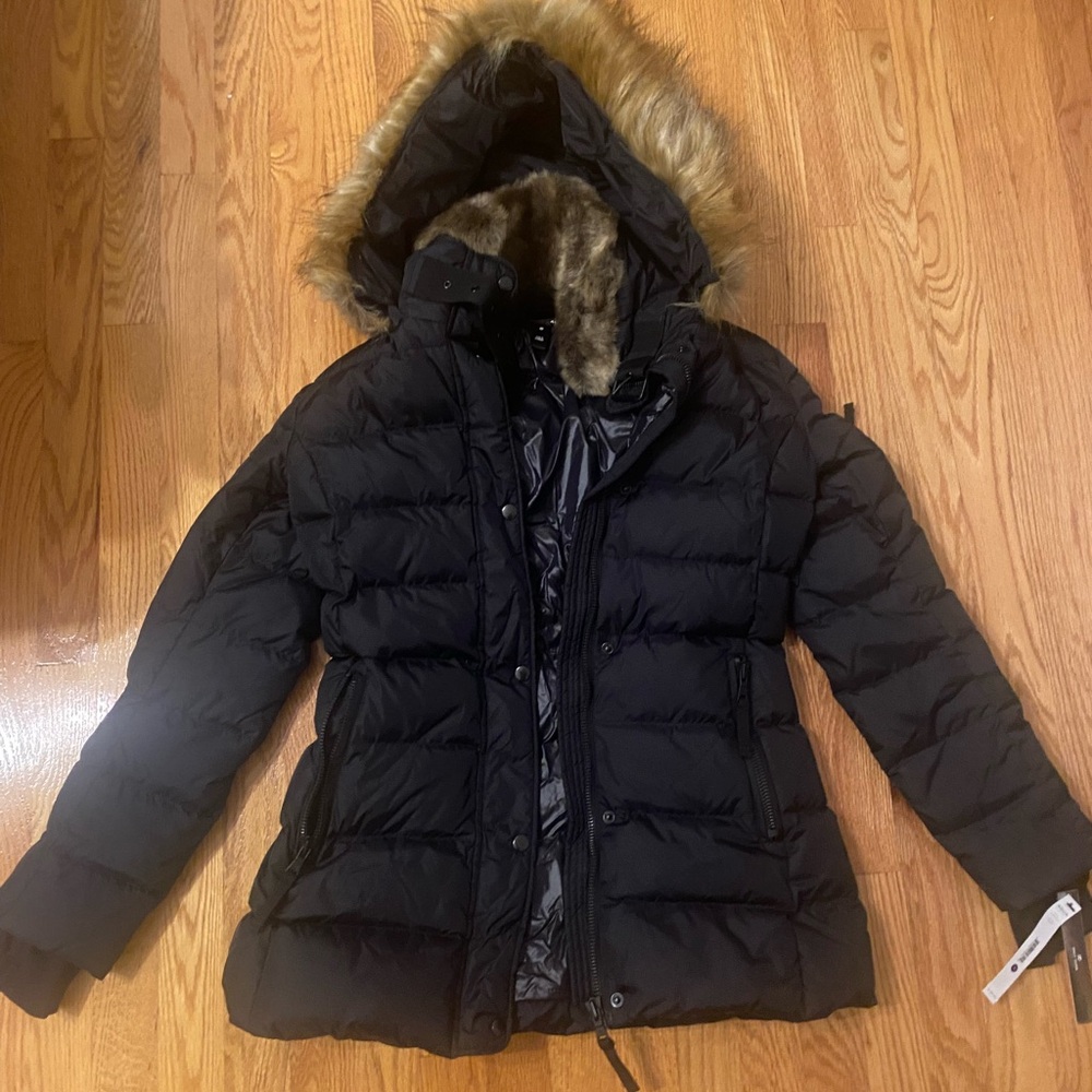 Aqua Black Puffer Jacket with Faux Fur Trim